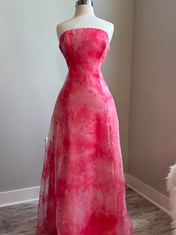 Niulatu Strapless A-Line Printed Tulle Long Prom Dresses, Pink Formal Evening Dresses HZ1026